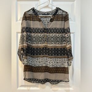 Women's Semi Sheer Fall Boho Print Blouse Size L Hippie Cottage Casual Metallic